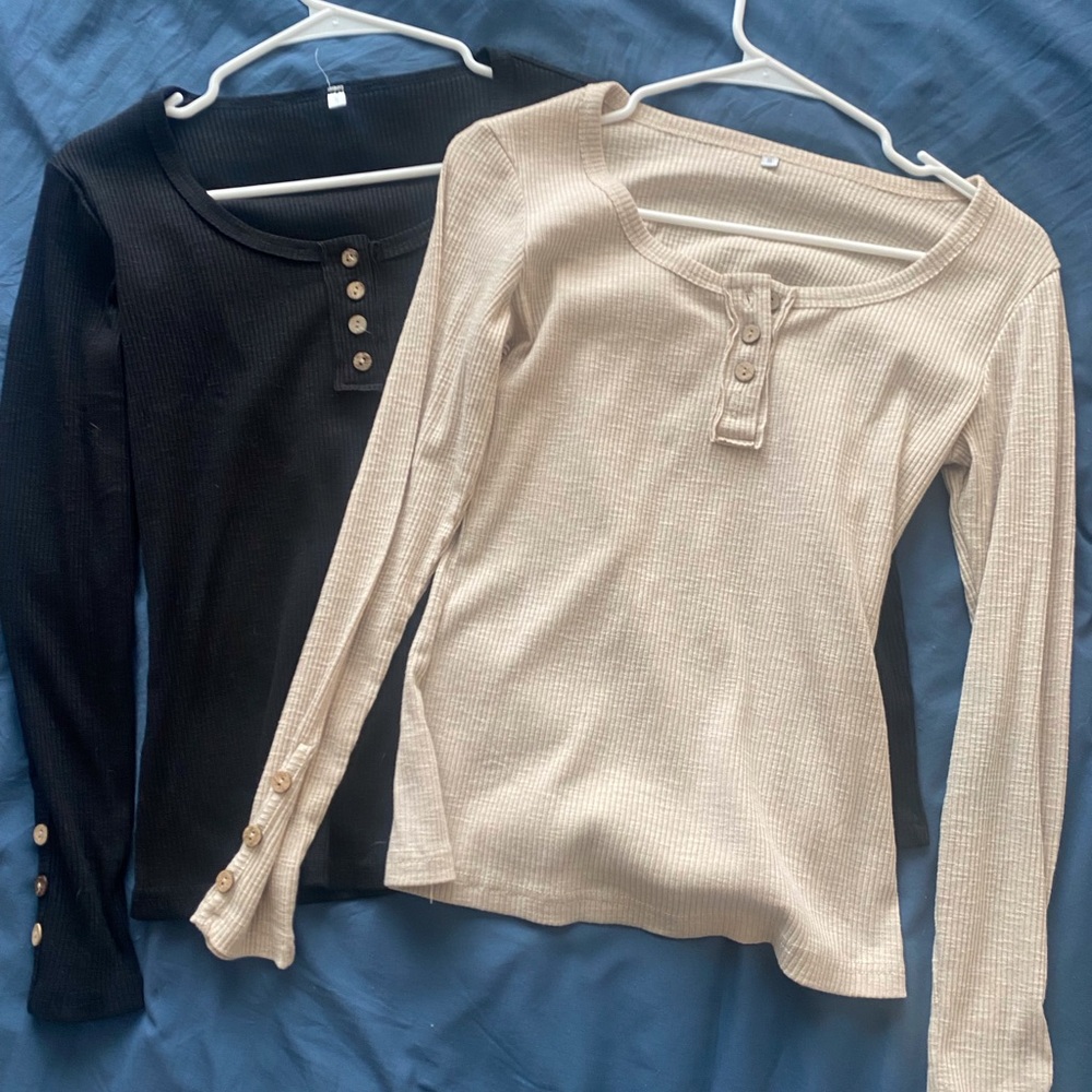 Black and Cream Long Sleeve Henley Tops